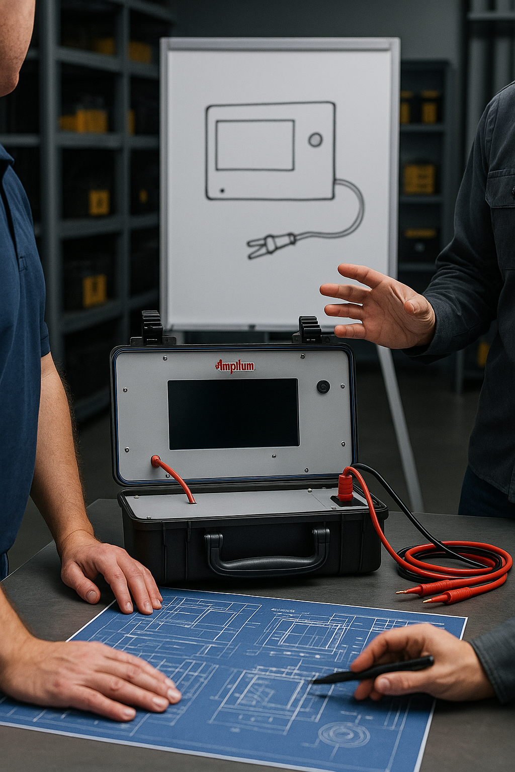 Flyzre engineering team collaborating on Amptan battery analyzer design and testing